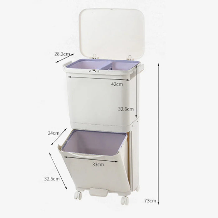 38 L Two-Tier Waste Bin with 4 Casters, White — 42 x 28.2 x 73 cm
