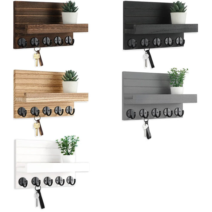 Wall-mounted Wooden Key and Mail Shelf with 5 Hooks