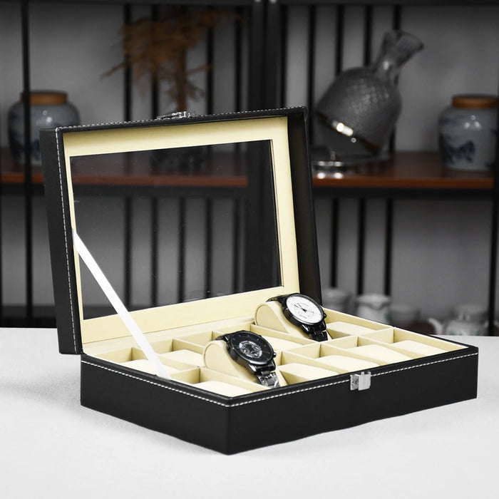 PU Leather Watch Display Box — 10 or 12-Slot Glass-Top Case