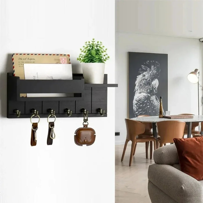 Rustic Wooden Wall Key Holder with Shelf — 6 Hooks & Mail Organiser