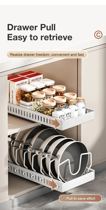 Pull-Out Pots & Pans Organiser — Sliding Lid Holder & 8-Compartment Kitchen Rack (White/Black)
