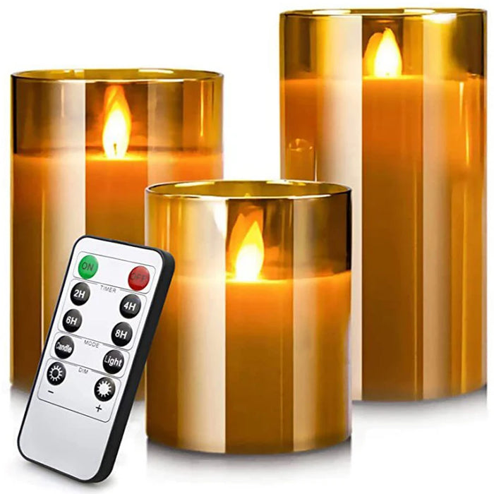 Set of 3 LED Glass Flameless Candles with Remote & Timer — 3 Sizes, 3 Colours