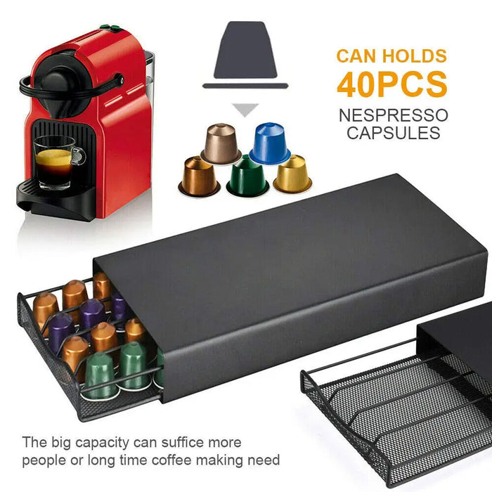 40-Capsule Coffee Pod Holder — Black Stainless Steel for Nespresso Capsules