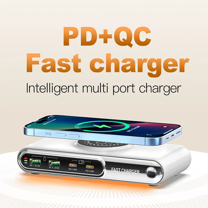 5-in-1 USB-C Charger Station 72W — 4-Port + Magnetic Wireless (PD45W) with LED colour nightlight F9A