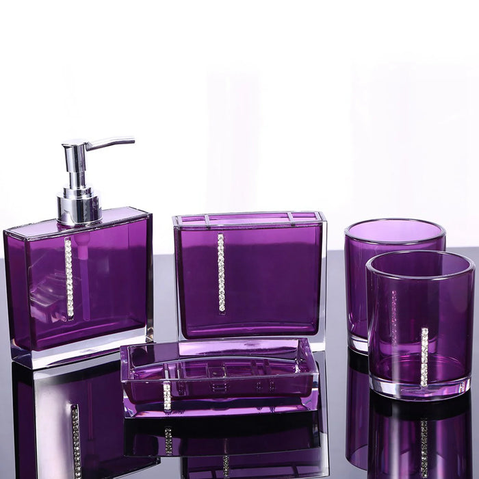 5‑Piece Purple Acrylic Bathroom Set — Emulsion Bottle, Toothbrush Holder, Soap Dish & 2 Cups