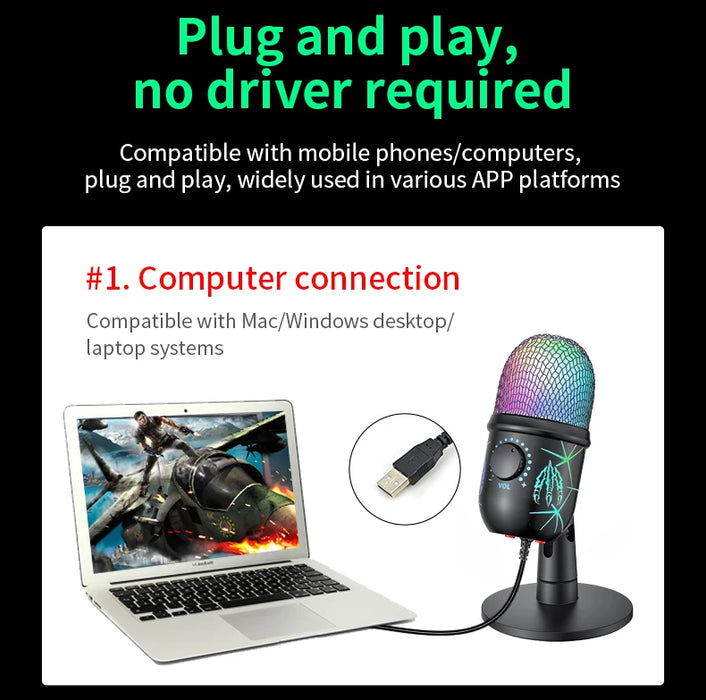 USB Gaming Condenser Microphone with Headphone Jack, LED & Noise Reduction
