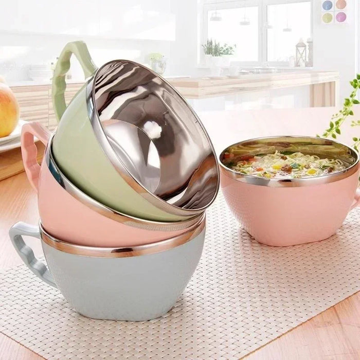 Stainless Steel Instant Noodle Bowl with Handle — 900ml, Cool‑Touch Outer (Pink/Green/Blue)