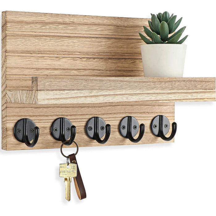 Wooden Wall-Mounted Key Holder with Mail Organiser | 5 Hooks (Dark Khaki/Black)
