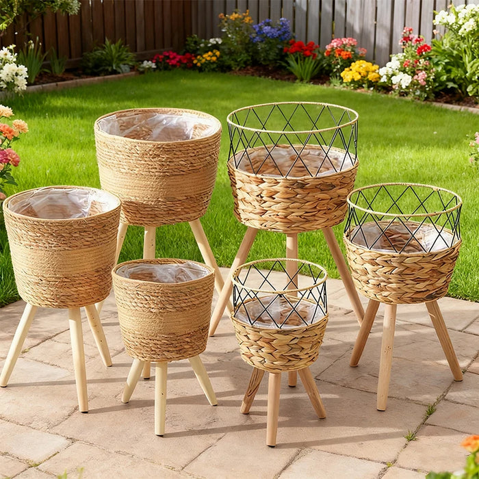 Floor‑standing Rattan Plant Stand with Wooden Legs — Indoor Pothos Holder