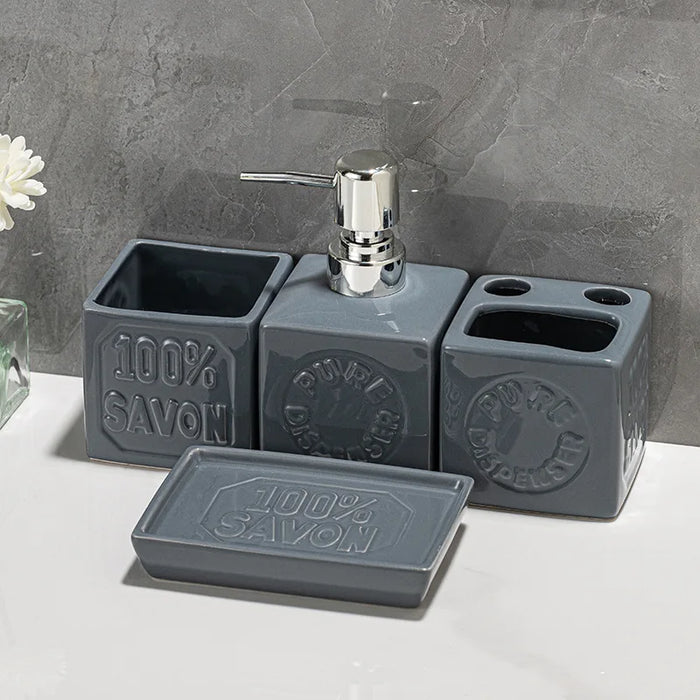 Ceramic 4-Piece Bathroom Organiser Set — Soap Dispenser, Lotion Bottle, Toothbrush Cup & Soap Dish