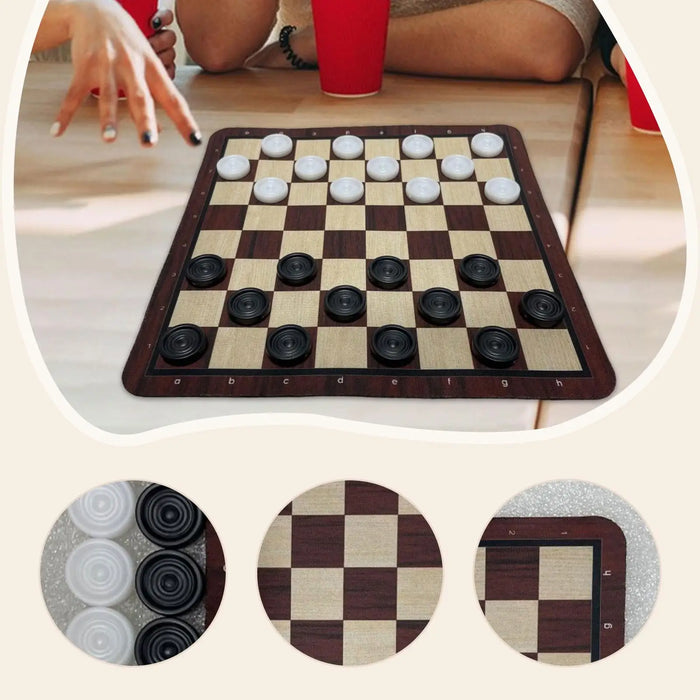 Portable Checkers Set – Wood-Grain Board (24 × 24 cm) with 24 Pieces