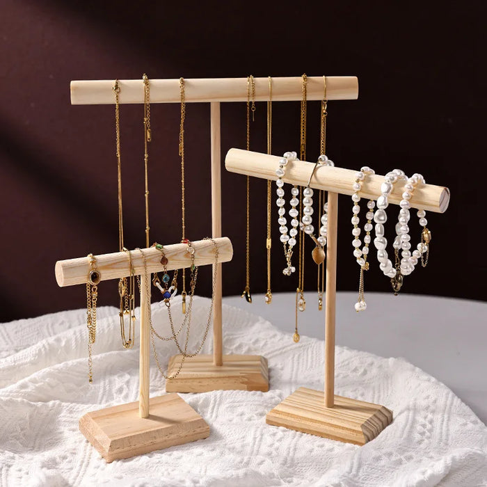 Solid Wood Jewellery Display Stand with Wooden Base – Bracelet, Necklace & Hairband Rack