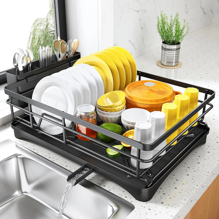 Large Rustproof Iron Dish Drying Rack with Drainboard and 3‑Slot Utensil Holder