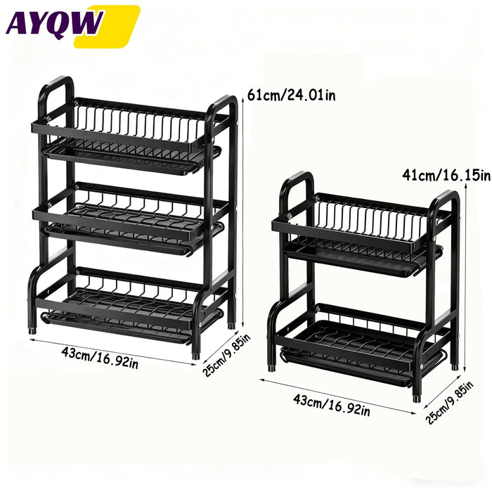 Large 2- or 3-Tier Carbon Steel Dish Rack – Auto-Draining Kitchen Organiser (Black)