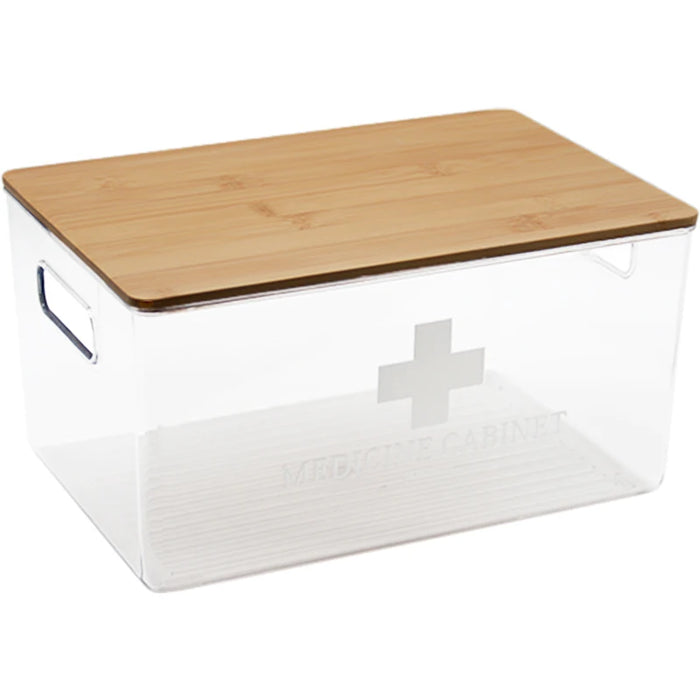 Reusable Plastic Medicine Box with Bamboo-style Cover — Black, Solid-colour