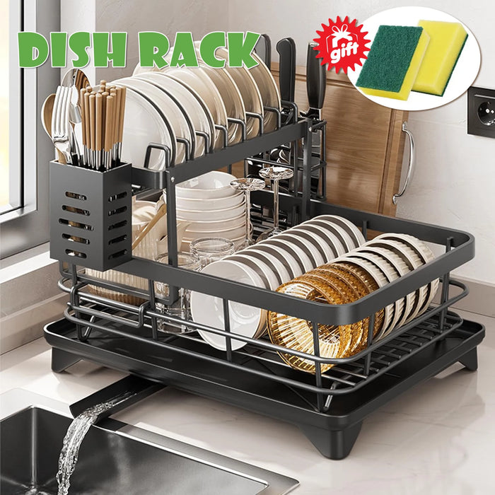2-Tier Dish Drainer Rack with Drip Tray and Swivel Drain Spout, Utensil & Cup Holders
