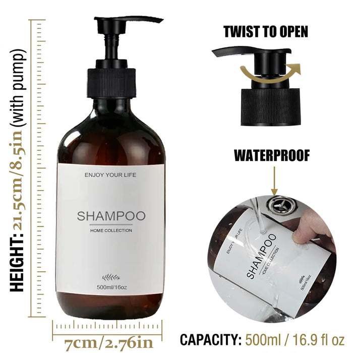 Set of 5 Amber 500ml Refillable Pump Bottles – Empty Dispensers for Shampoo, Conditioner, Hand & Dish Soap