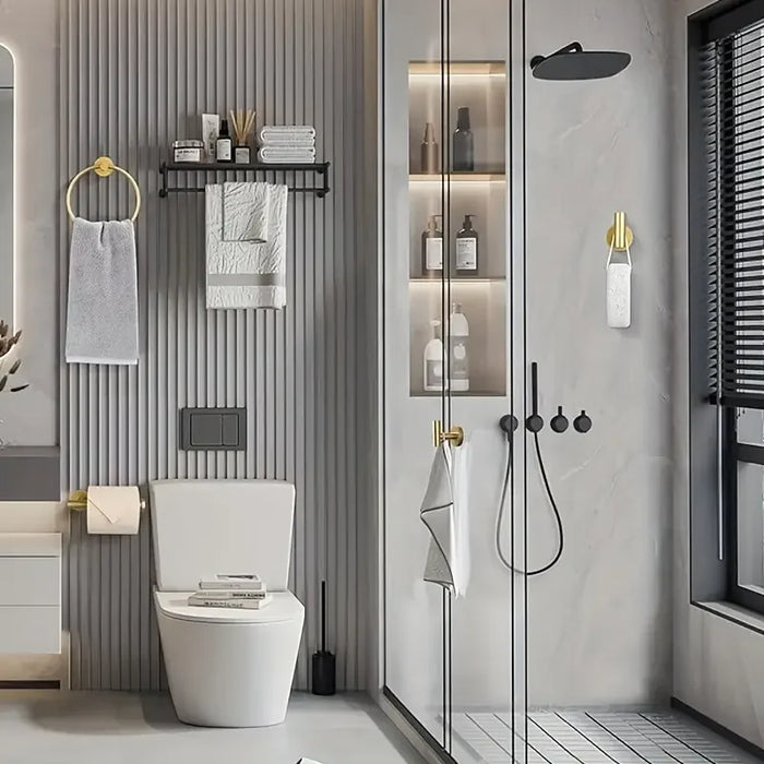 4-piece Stainless Steel Bathroom Set — Toilet Roll Holder, Towel Ring & 2 Hooks