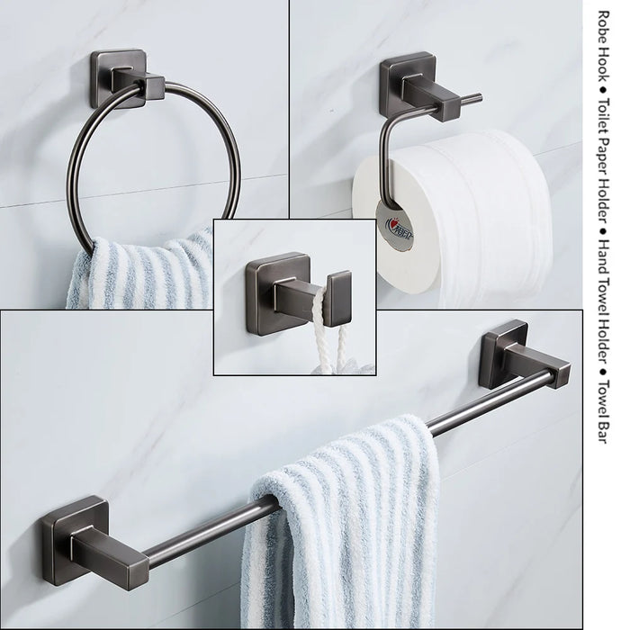 Gun Grey Bathroom Hardware Set — Towel Bar, Paper Holder, Ring & Hook