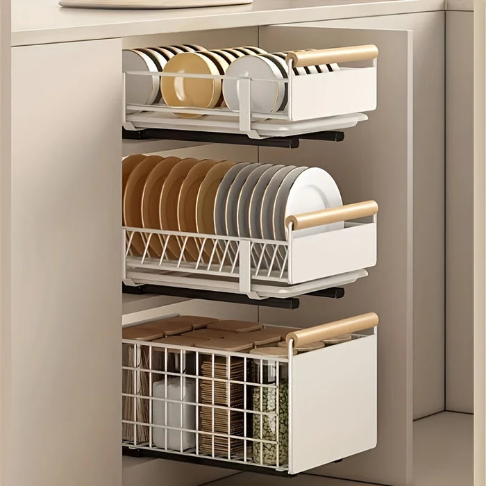 Space-Saving Pull-Out Kitchen Organiser — Plate, Bowl & Spice Rack