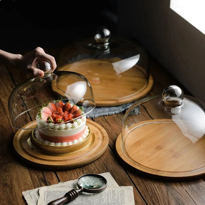 Wooden Cake Stand with Transparent Dome — Dessert Plate & Cupcake Display (Turntable)