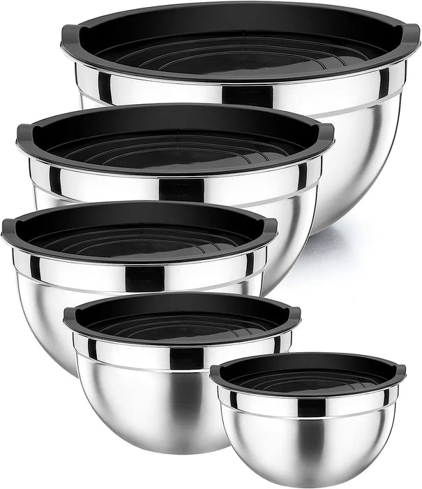 5-piece Stainless Steel Salad Basins with Lids — 2L+ Mixing & Baking Bowls (Silver)