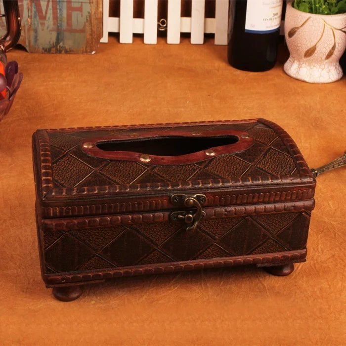 Royal-style Torched Wood Tissue Box Cover – Brown, Four-Leg Design