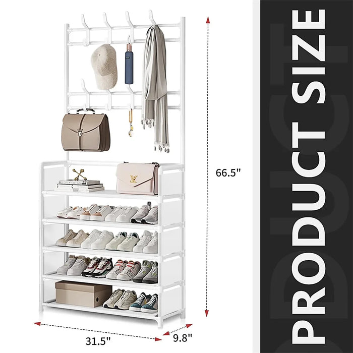 5-Tier Metal Coat & Shoe Rack with 8 Hooks — White