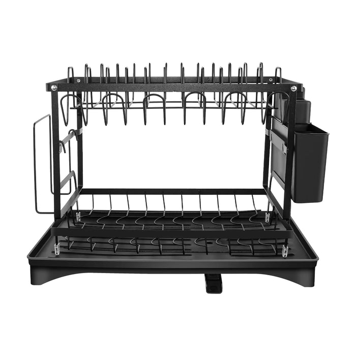 2-Tier Black Carbon Steel Dish Drying Rack with Drip Tray & Utensil Holder