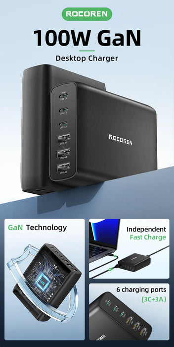 100W GaN USB‑C PD Fast Charger – Quick Charge 4.0/3.0 Desktop Station for iPhone 17 Pro Max