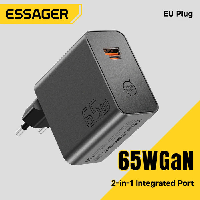 65W GaN Dual-Port Fast Charger PD3.0 PPS QC4.0 – Hybrid USB-C/USB-A