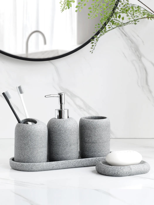 5-Piece Bathroom Accessory Set — Lotion Dispenser, Toothbrush Holder, Tumbler, Soap Dish & Tray (Beige or Grey)