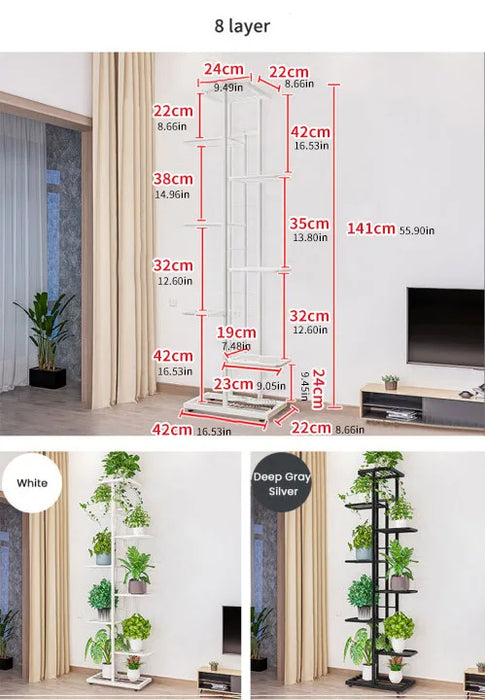 Metal Plant Stand — 4/6/8-Tier Flower Pot Rack, White or Dark Grey