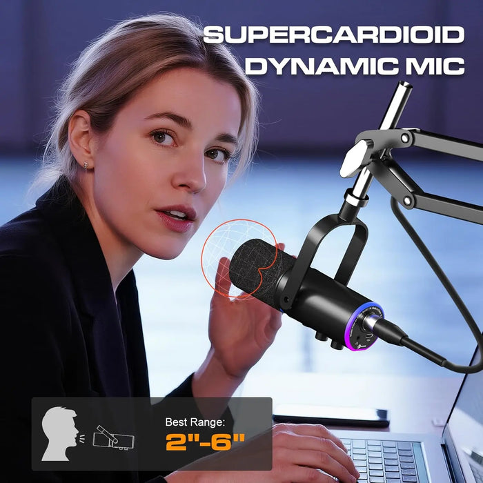 XLR/USB Gaming & Podcast Microphone Kit — Dynamic Mic with Arm, Mute & RGB