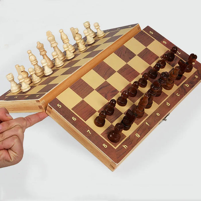 Magnetic Wooden Folding Chess Set with Felted 24 x 24 cm Board — 34 Pieces, Interior Storage