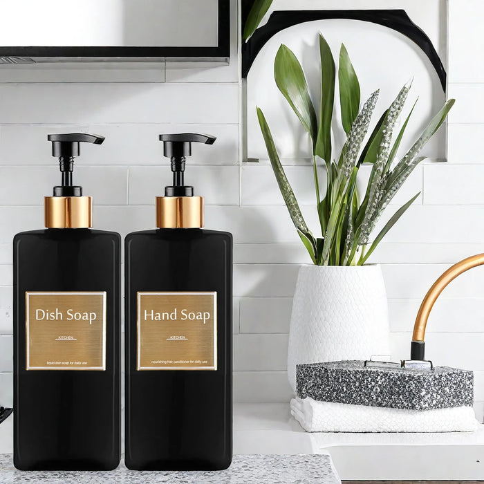 Refillable Shower Soap Dispenser Set – Plastic Shampoo, Conditioner & Hand/Dish Bottles (Brown or Black)