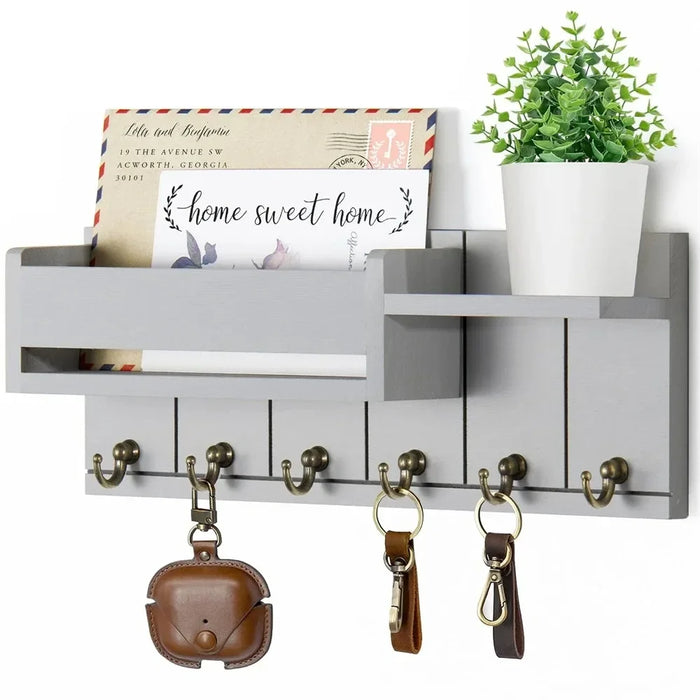 Rustic Wooden Wall Key Holder with Shelf — 6 Hooks & Mail Organiser