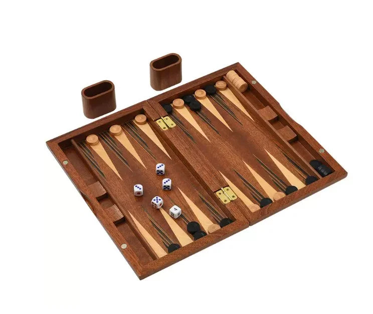 Solid Mahogany Veneer Backgammon Set – Foldable Tabletop Game for Family Entertainment