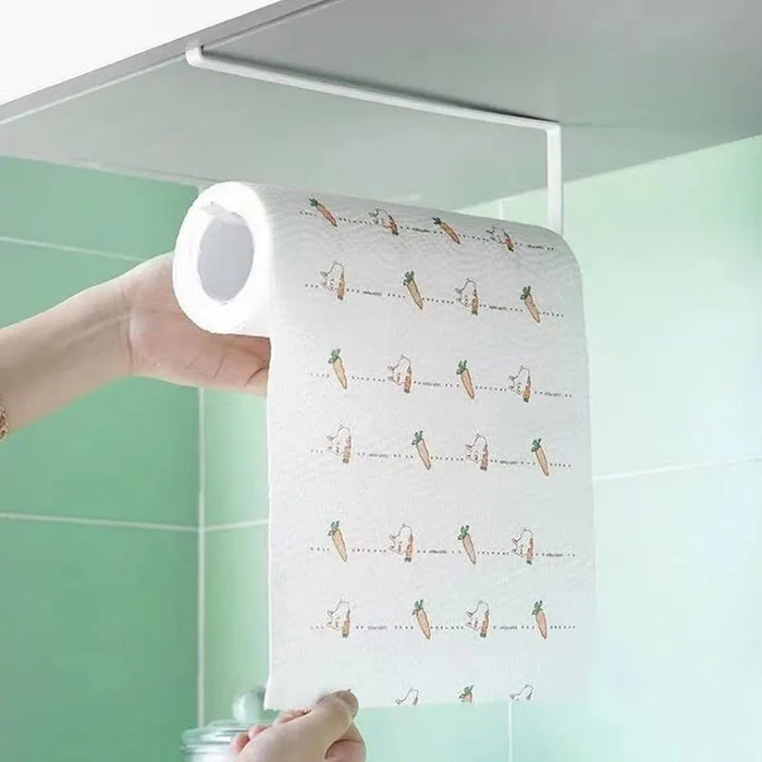 Under-Cabinet Paper Roll Holder – No‑Drill Towel & Cling Film Rack (White/Black)