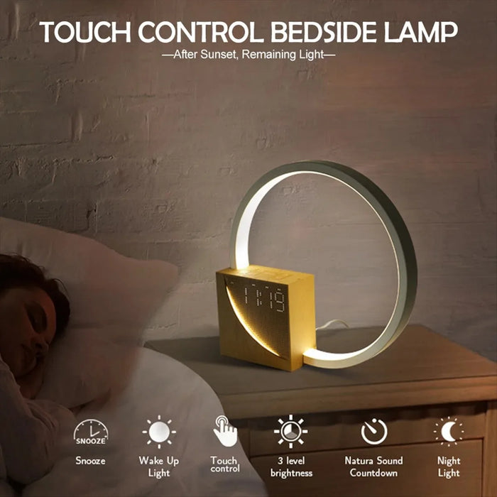 Touch Alarm Clock Night Light — 3-Level Dimmable Table Lamp with White Noise (Wood Colour)