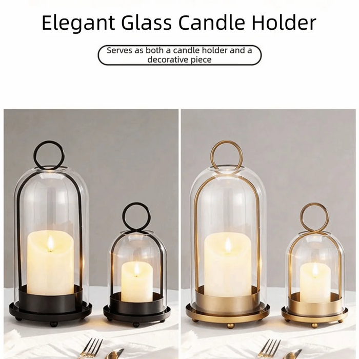 Vintage Brass Metal Candle Holder Set with Glass Domes