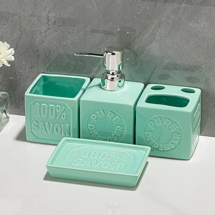 Ceramic 4-Piece Bathroom Organiser Set — Soap Dispenser, Lotion Bottle, Toothbrush Cup & Soap Dish