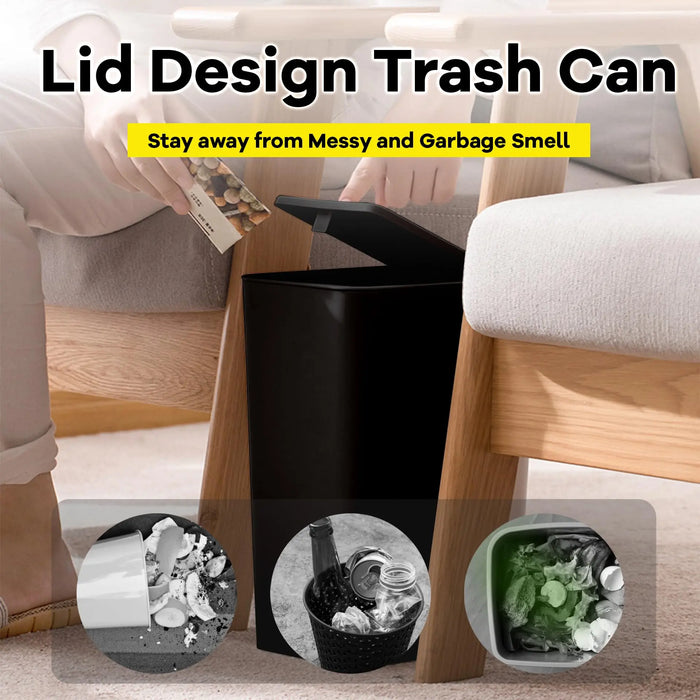 10L Slim Bathroom Bin with Press-Top Lid - Compact Plastic Wastebasket for Toilet, Bedroom & Living Room