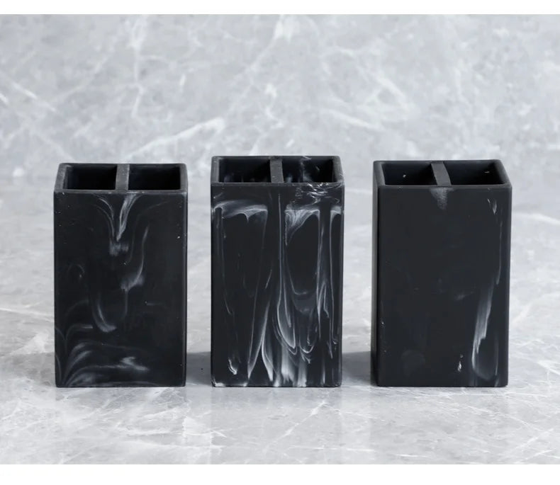 4-Piece Marble-Pattern Resin Bathroom Set — Lotion/Soap Dispenser, Toothbrush Holder, Tumbler & Tray (Black or White)
