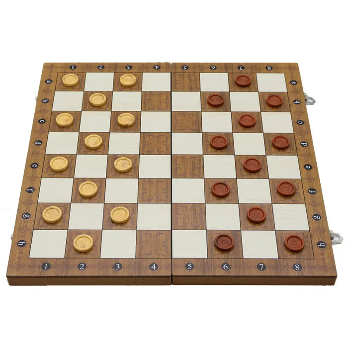 3‑in‑1 Foldable Wooden Travel Board — Chess, Checkers & Backgammon