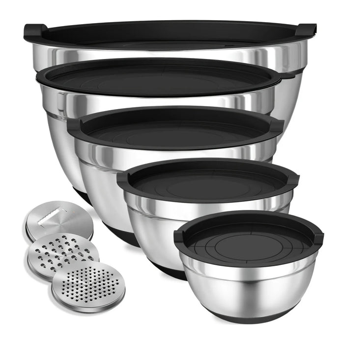 8-Piece Stainless Steel Mixing Bowls with Airtight Lids — Black, Non-Slip Bases