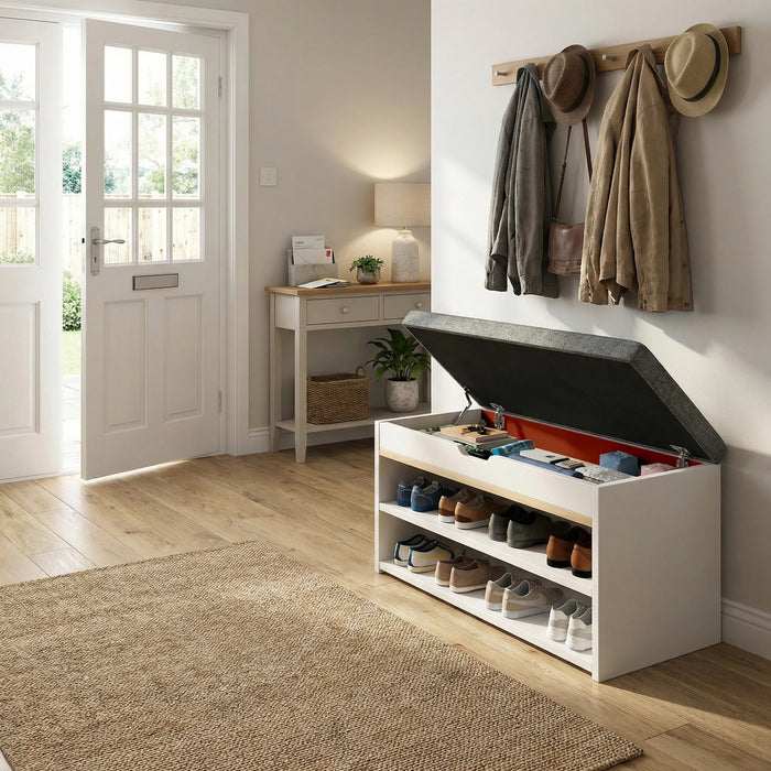 2-Tier Wooden Shoe Bench – Seat & Shoe Rack for Hallway, Entrance (White)