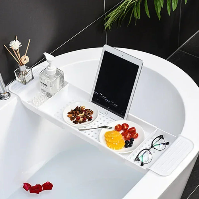 Extendable Bathtub Shelf Tray – Plastic Bath Rack for Towels & Books (White/Black)