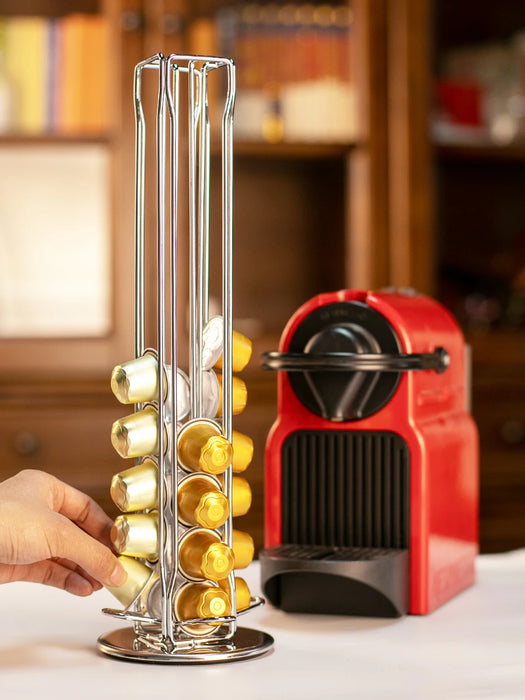 Silver Rotating Coffee Capsule Rack – 360° Base, Holds 40 Pods