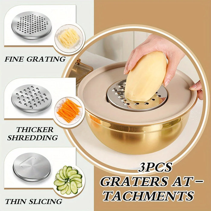 10-piece Gold Stainless Steel Mixing Bowl Set with Lids & Sharpener - Dishwasher-safe